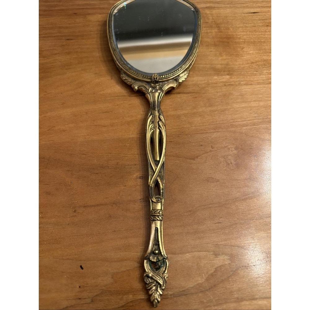 Antique Victorian Gilt Brass Vanity Set Mirror & Brush Matching Guilloché c.1900 - Picture 5 of 12